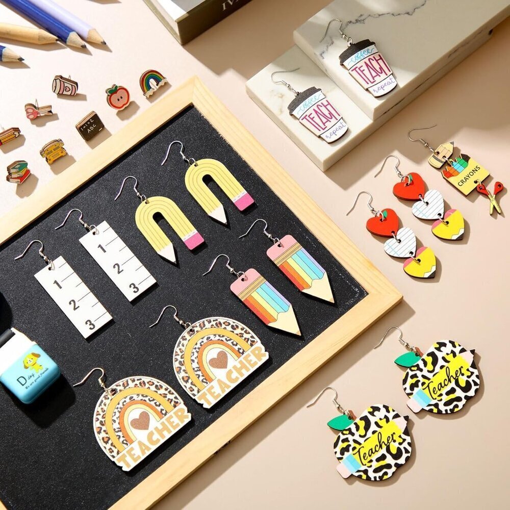 24 Pairs Teacher Earrings Acrylic Dangle Colorful Spring Apple Pencil Gift for W - Picture 6 of 7
